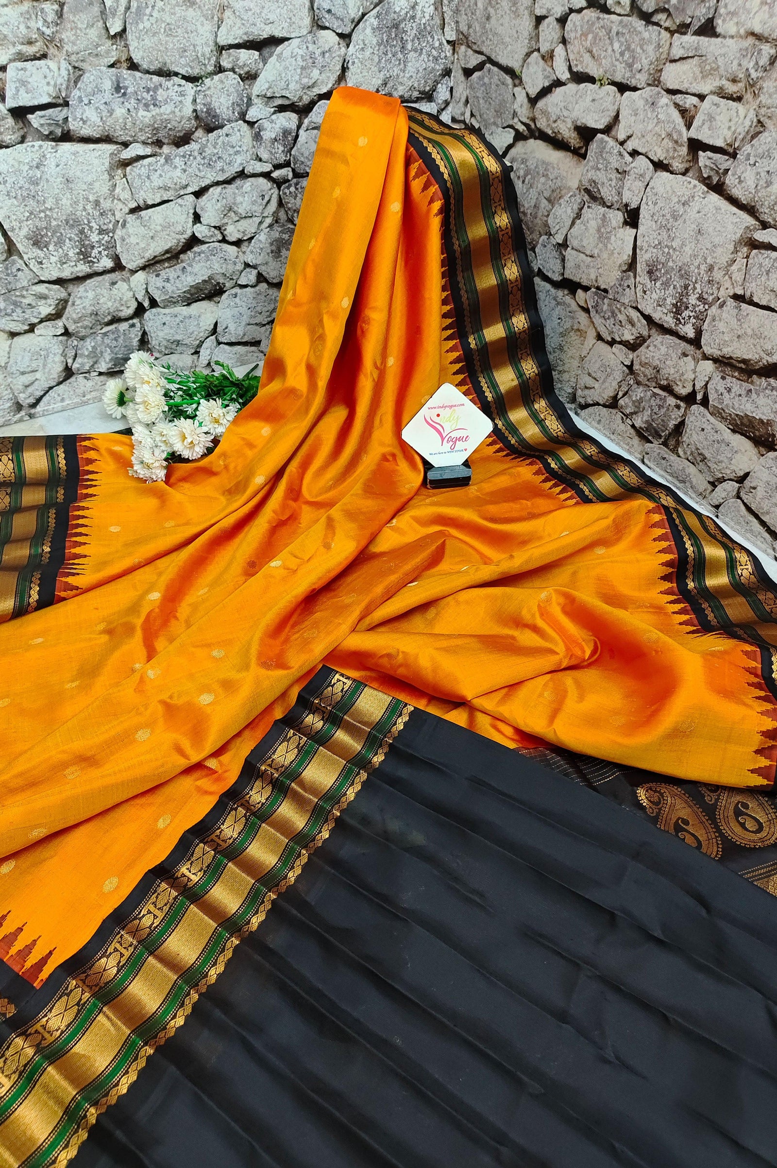 Fire Orange and Black Color Gadwal Silk Saree with Buti Work