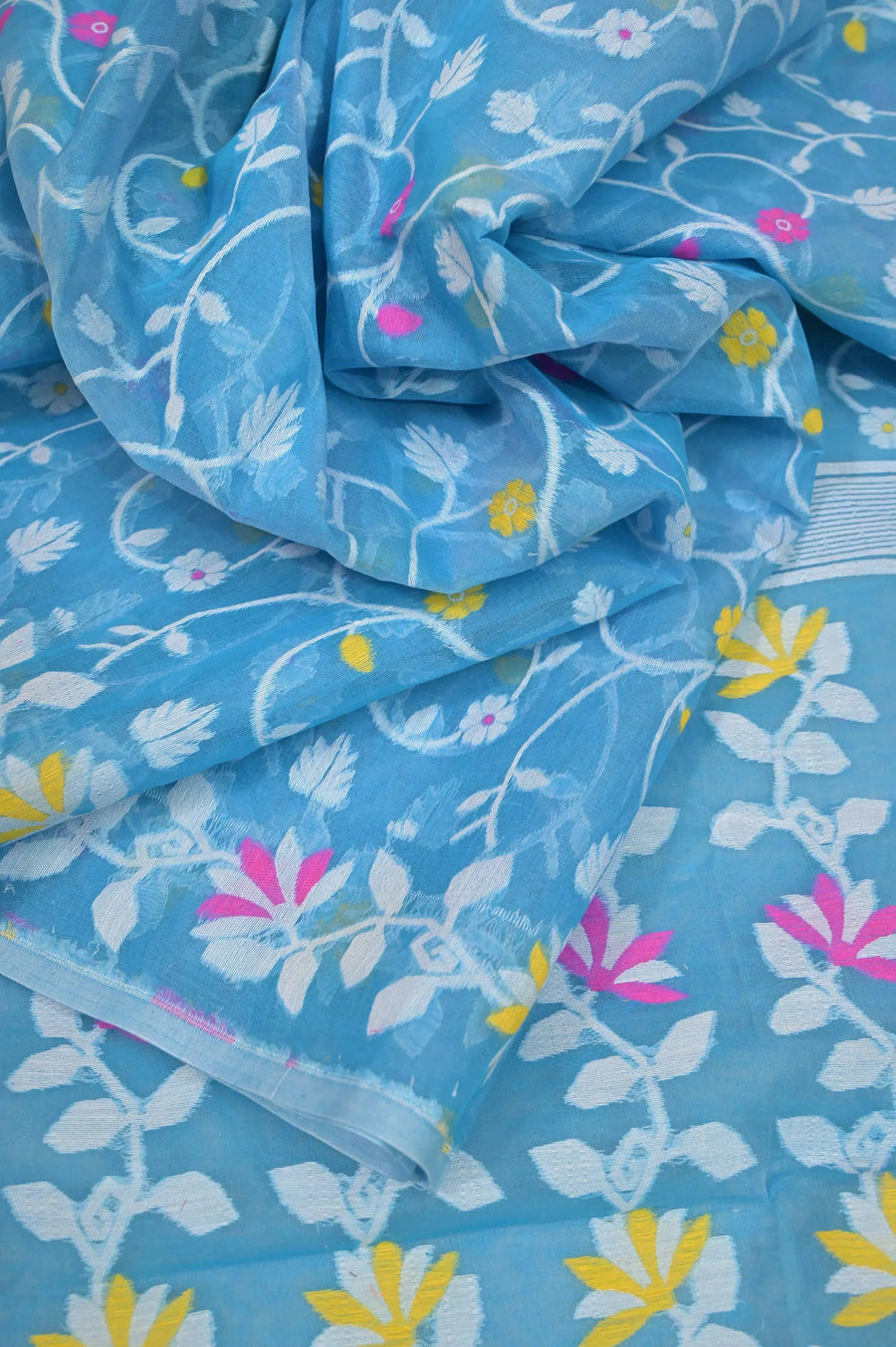 Firozi Blue Color Jamdani Saree with Allover Self-Weaving and Meenakari Work
