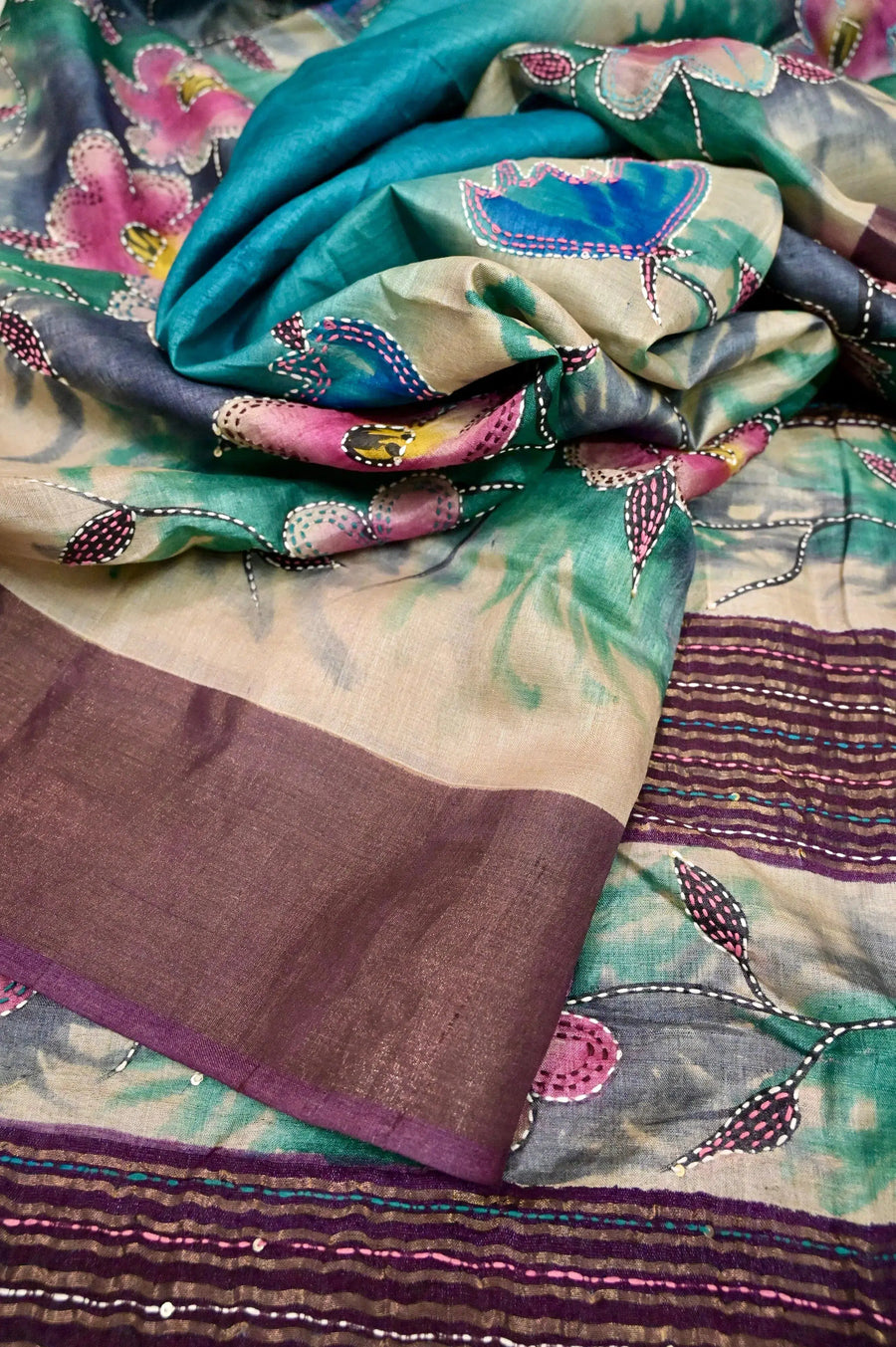 Firozi Blue Color Tussar Silk with Zari Border and Multicolored Hand Paint with Kantha Embroidery