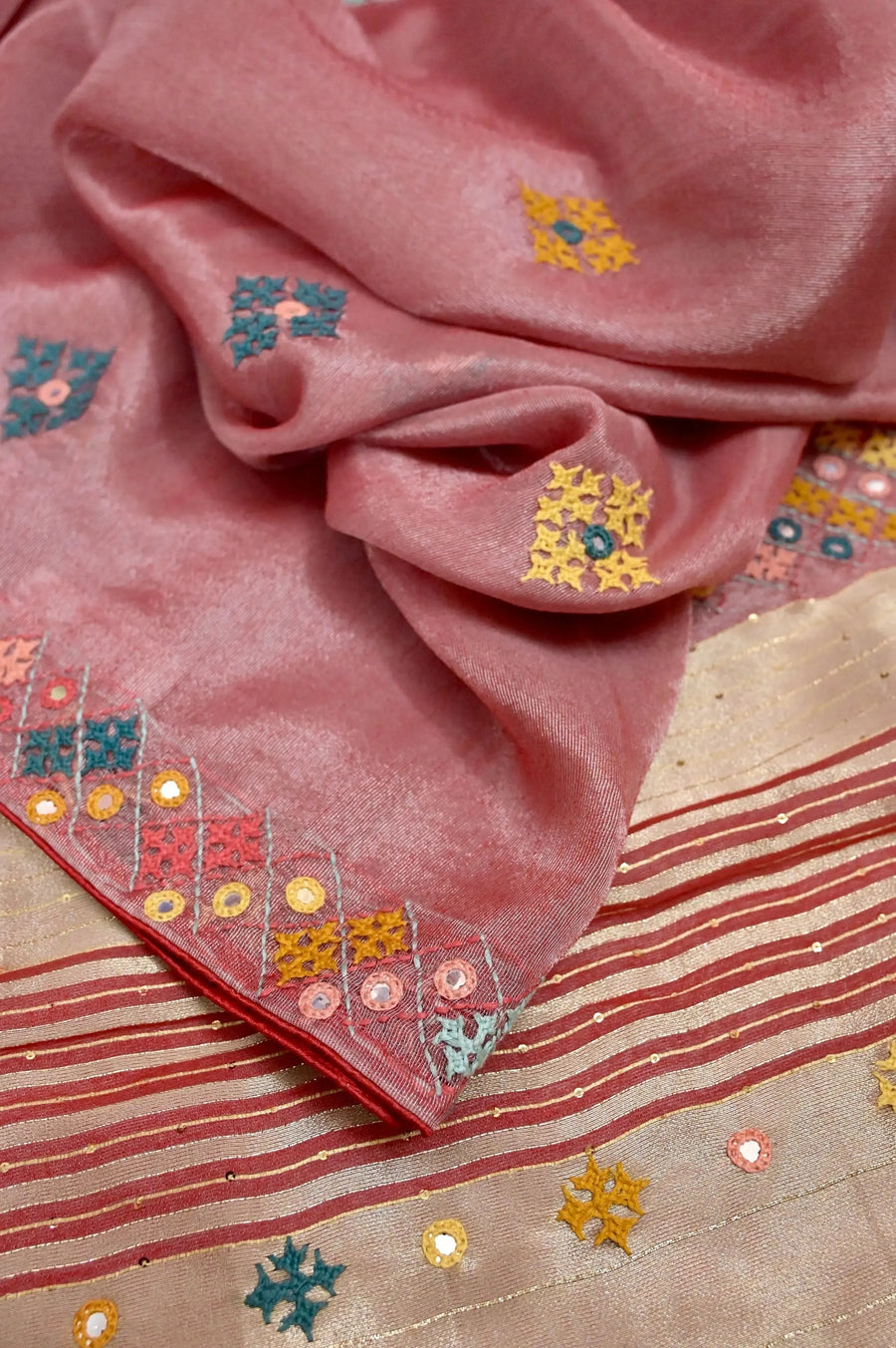 French Onion Color Silk Linen Saree with Hand Gujarati Stitch Work
