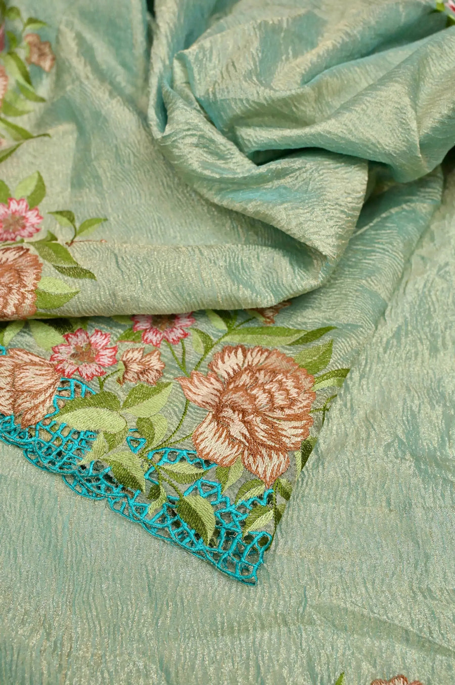 Golden and Blue Undertone Color Crushed Tissue Silk Saree with Embroidery and Cutwork