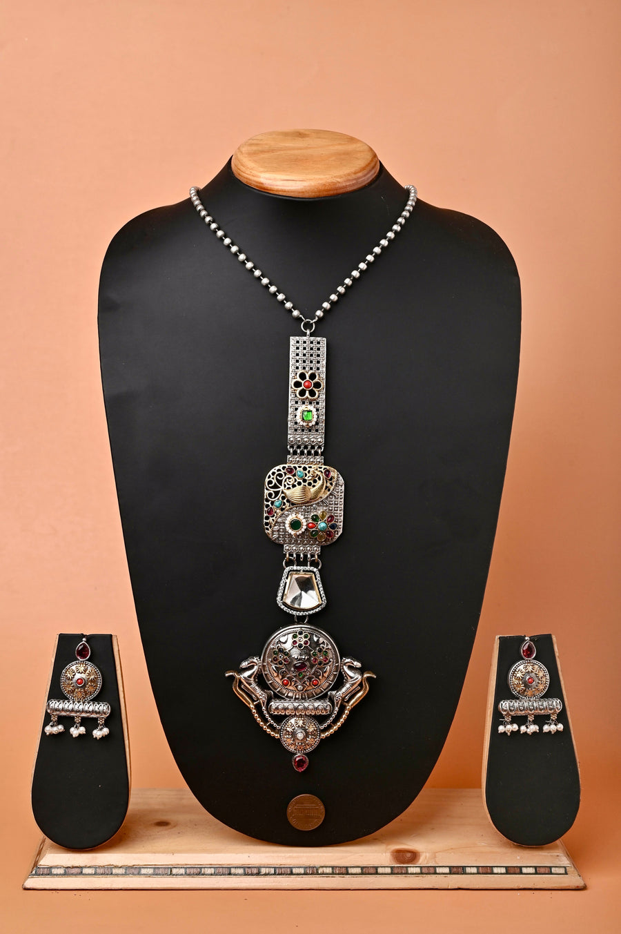 Golden and Silver Dual Tone Boho Long Collar Necklace Set with Monalisa Stone and Pachi Kundan Work