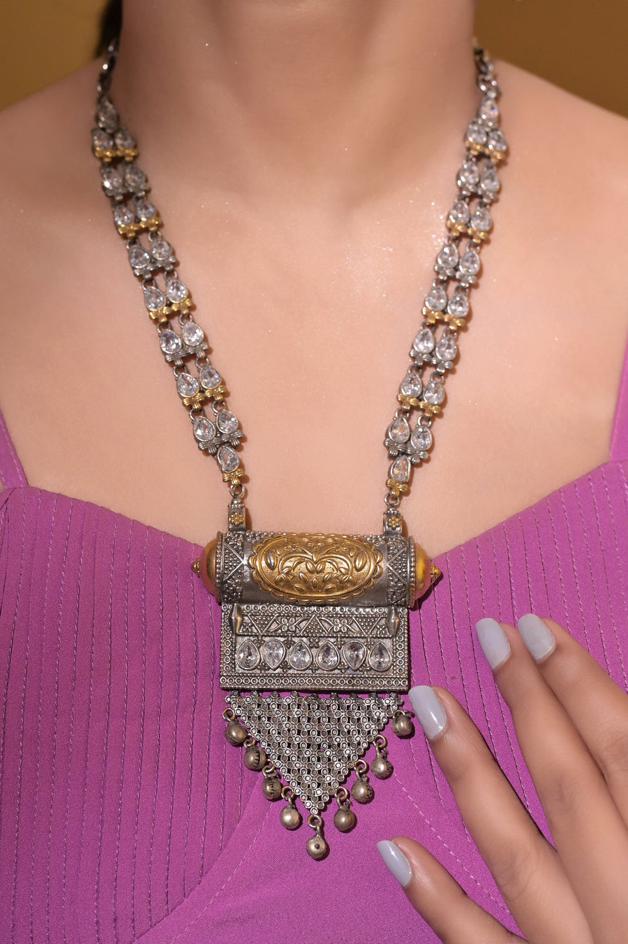 Golden and Silver Metal Dual Tone Collar Necklace Set with Stone Work