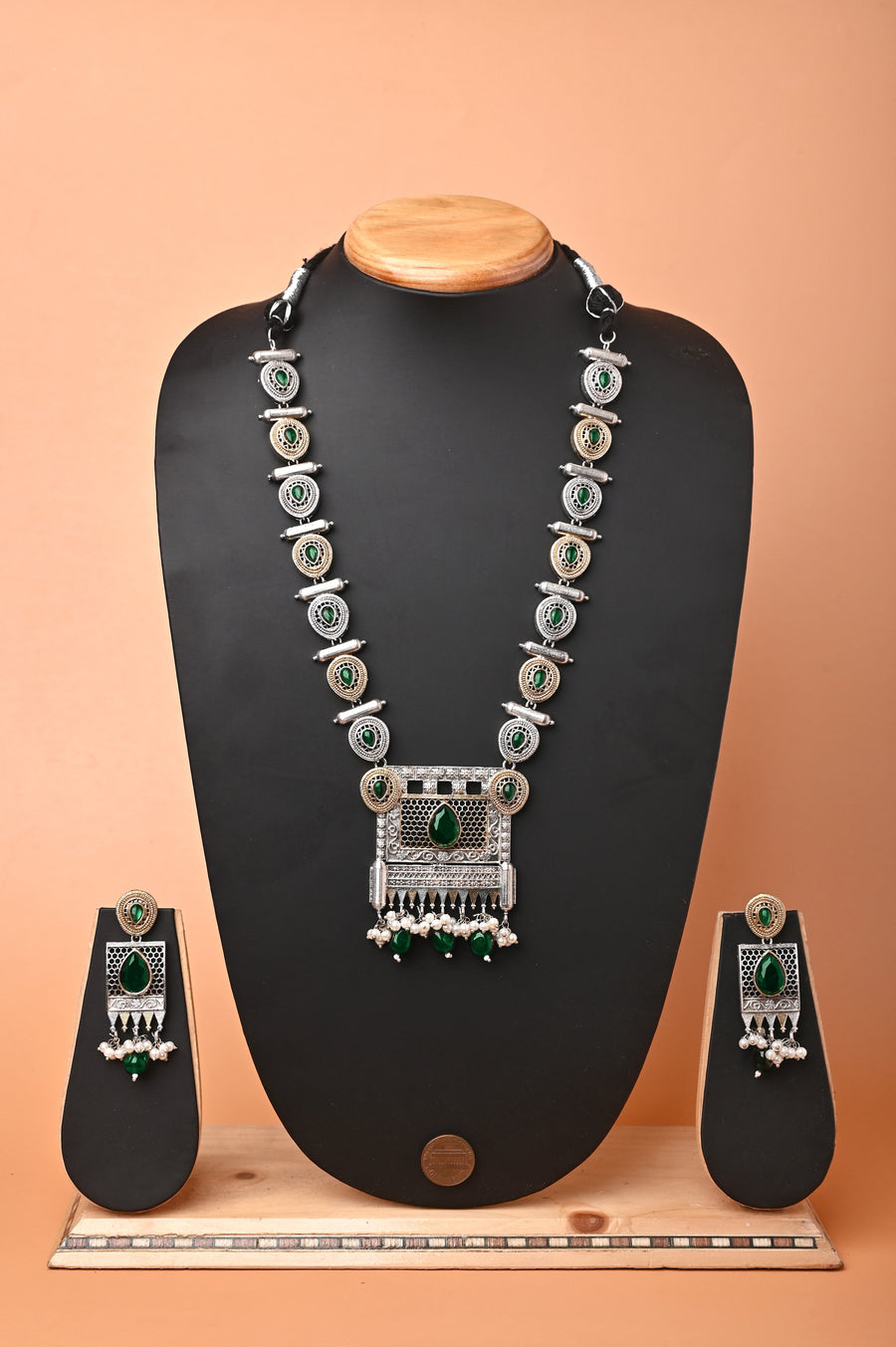Golden and Silver Metal Long Necklace Set with Large Pendant and Monalisa Stonework