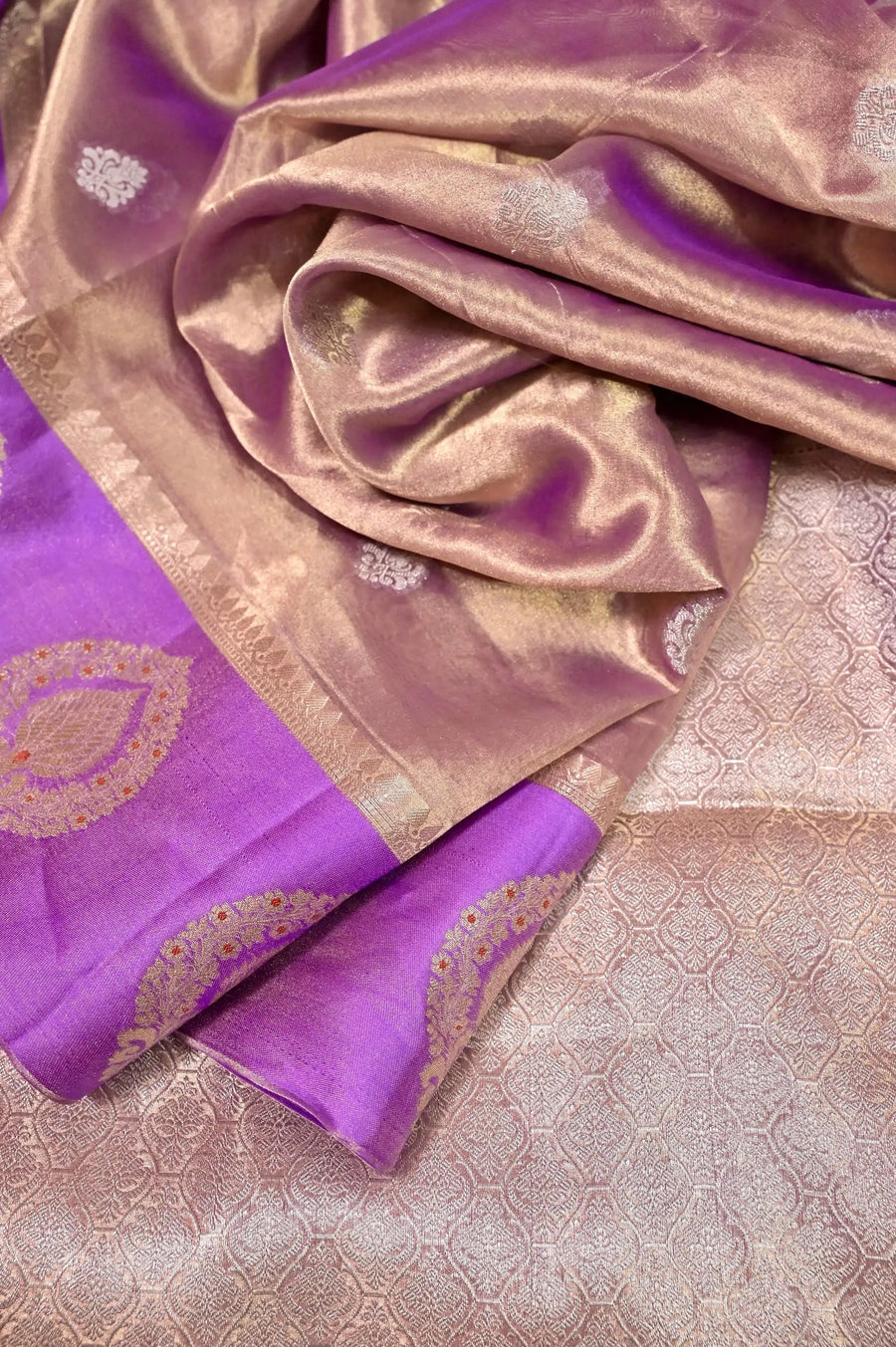 Golden and Violet Color Pure Tissue Banarasi with Allover Silver Butta and Golden Butta Border