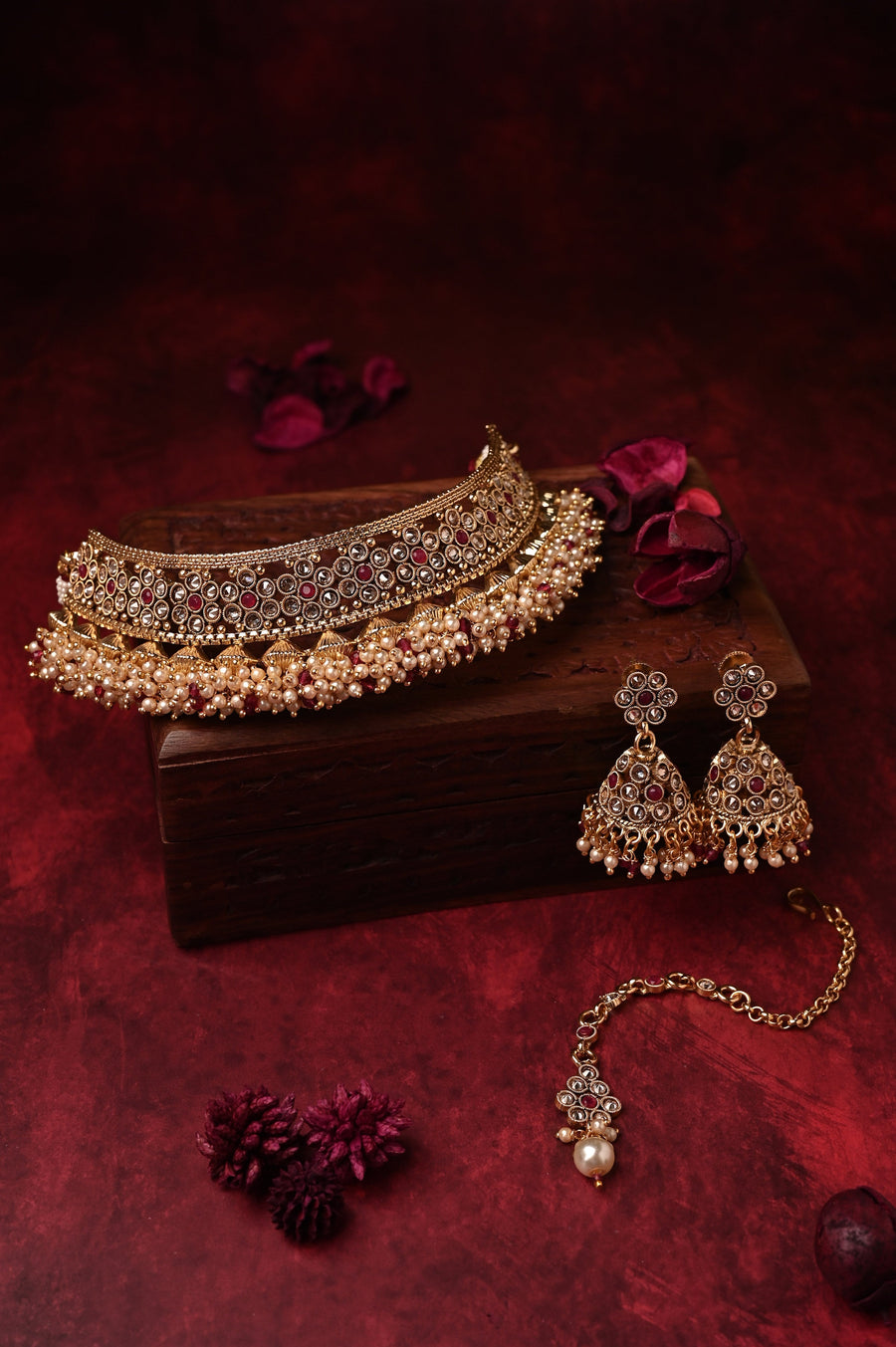 Golden Chokcer Necklace Set with AD Stone Work and Pearls