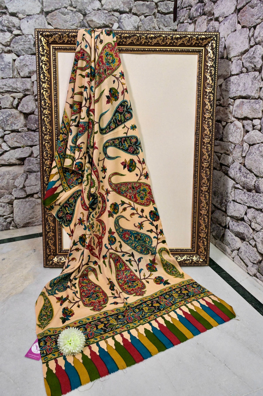 Golden with Multicolored Pure Pashmina Shawl with Sozni Work and Kalamkari Work