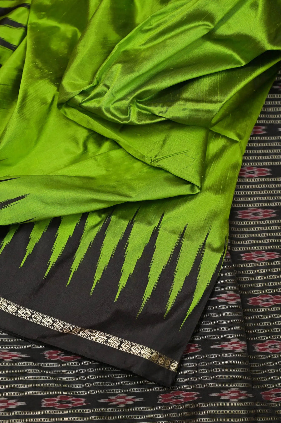 Green and Black Color Pure Sambalpuri Silk Saree with Temple Border