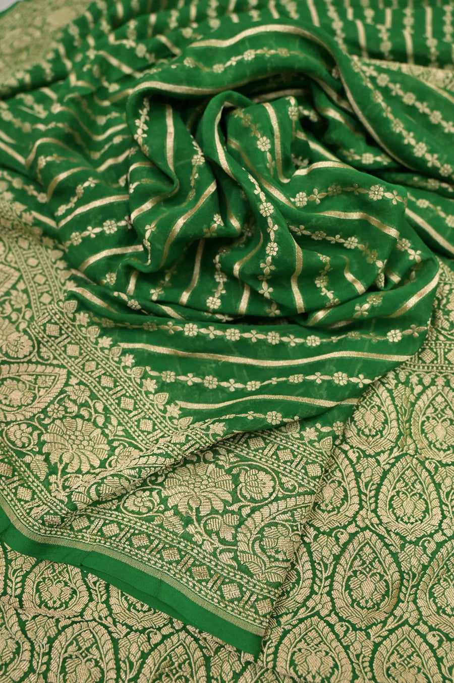 Green Color Pure Georgette Banarasi Saree with Allover Leheriya Style Weaving