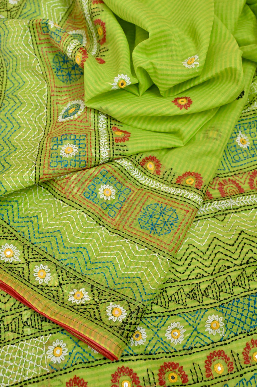 Green Color Resham Kota Saree with Hand Lambani Work and Piping Border
