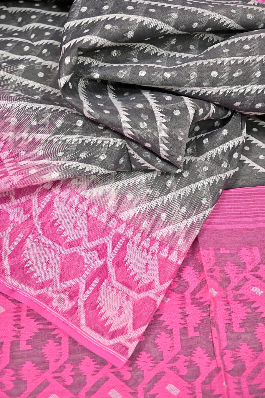 Grey and Pink Color Jamdani Saree with Allover Weaving Work
