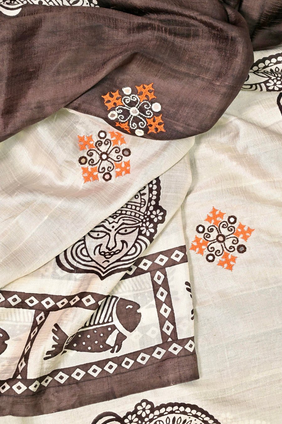Half and Half Style Bishnupuri Silk Saree in Offwhite and Brown Color with Block Print and Hand Embroidery Work