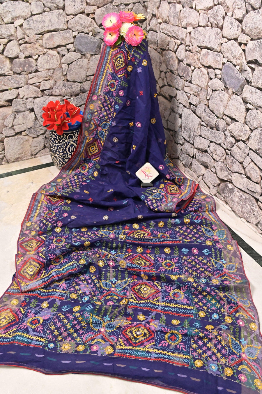 Handloom Cotton Jamdani Saree in Deep Navy Blue Color with Hand Lambani Embroidery and Piping Work
