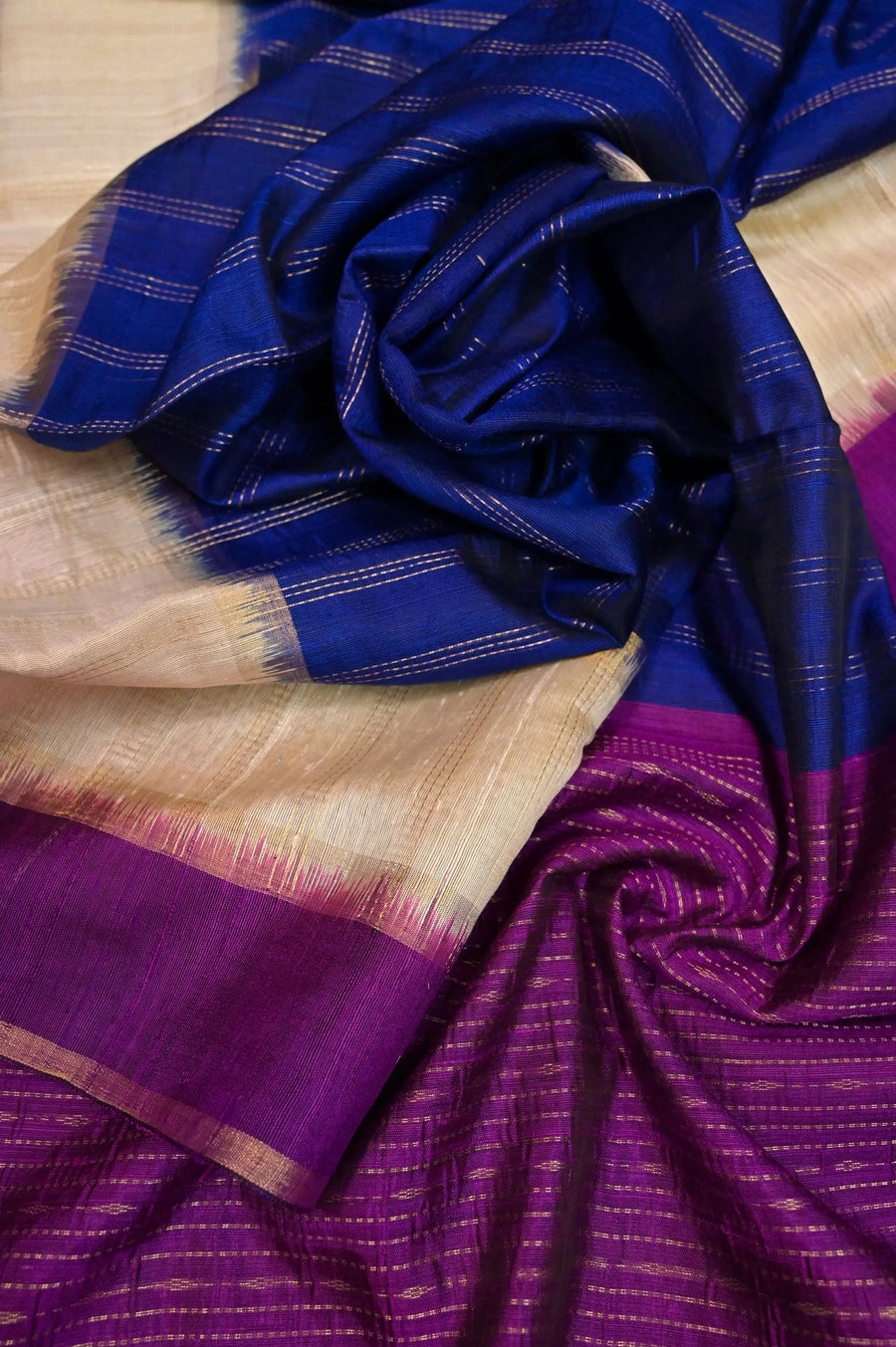 Indigo Blue and Purple Color Pure Dupion Silk Saree with Zari Stripe Work