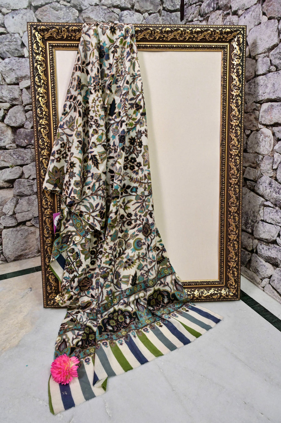 Ivory and Multicolor Pure Pashmina Shawl with Kalamakari and Sozni Work