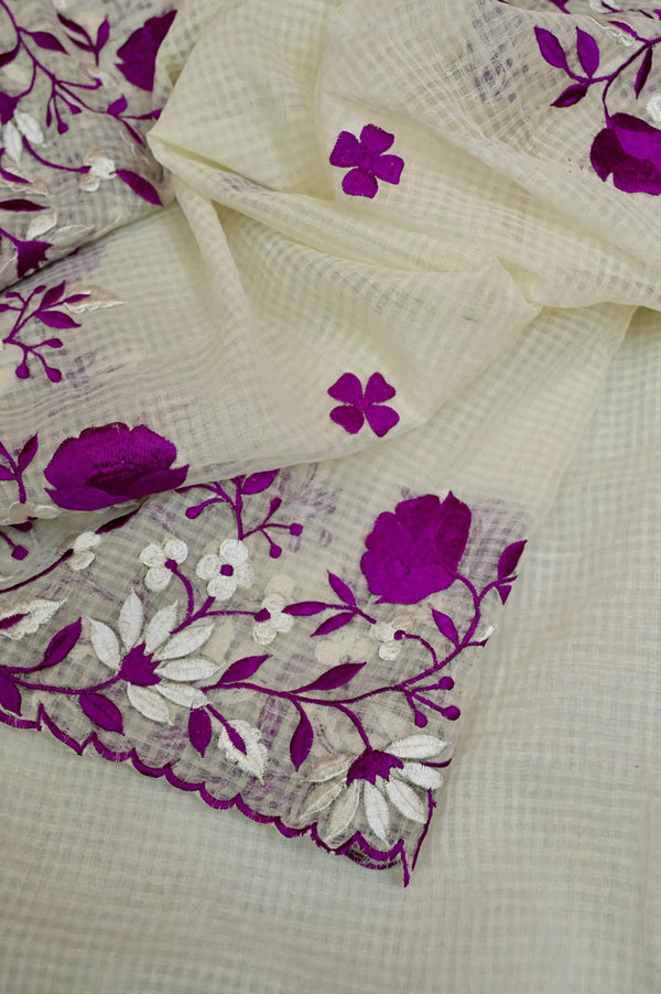 Ivory White and Purple Color Resham Checks Saree with Scallop Border