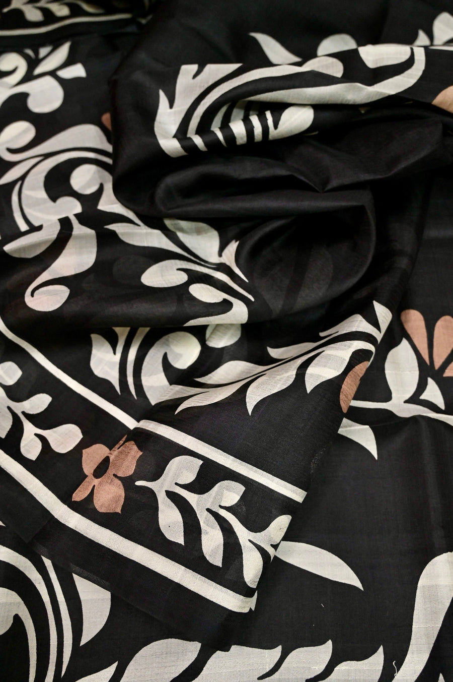 Jet Black Color Pure Bishnupur Silk Saree with Hand Block Print Work