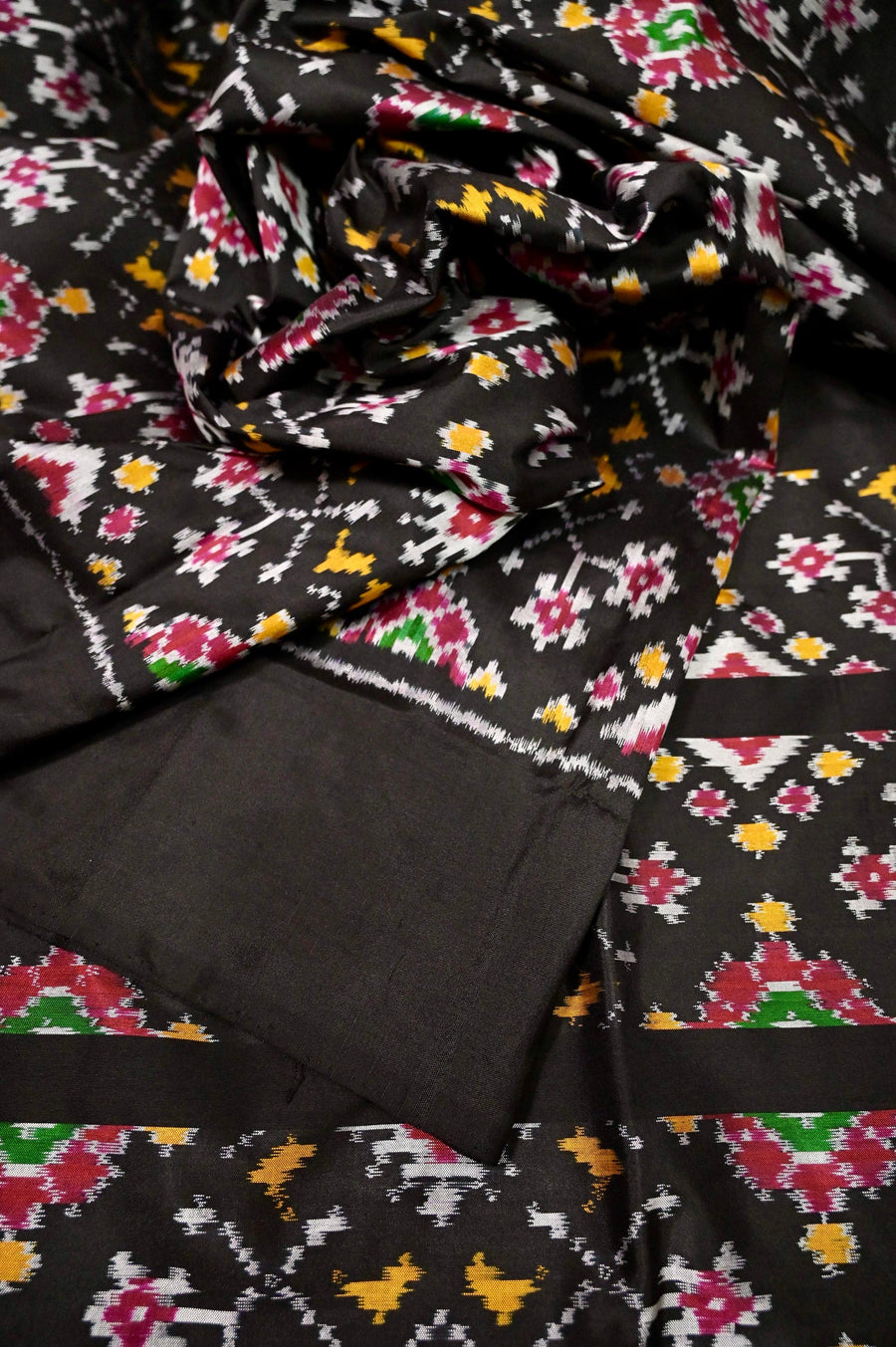 Jet Black Ikat Silk Saree with Multicolor Weaving