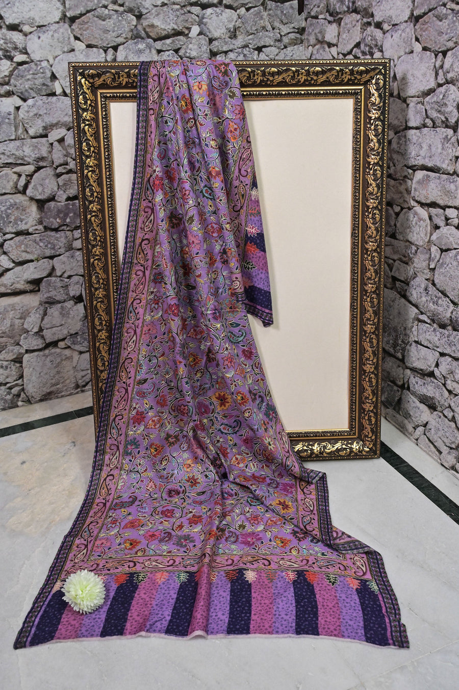 Lavender and Mulitcolored Pure Pashmina Shawl with Kalamkari and Ari Work