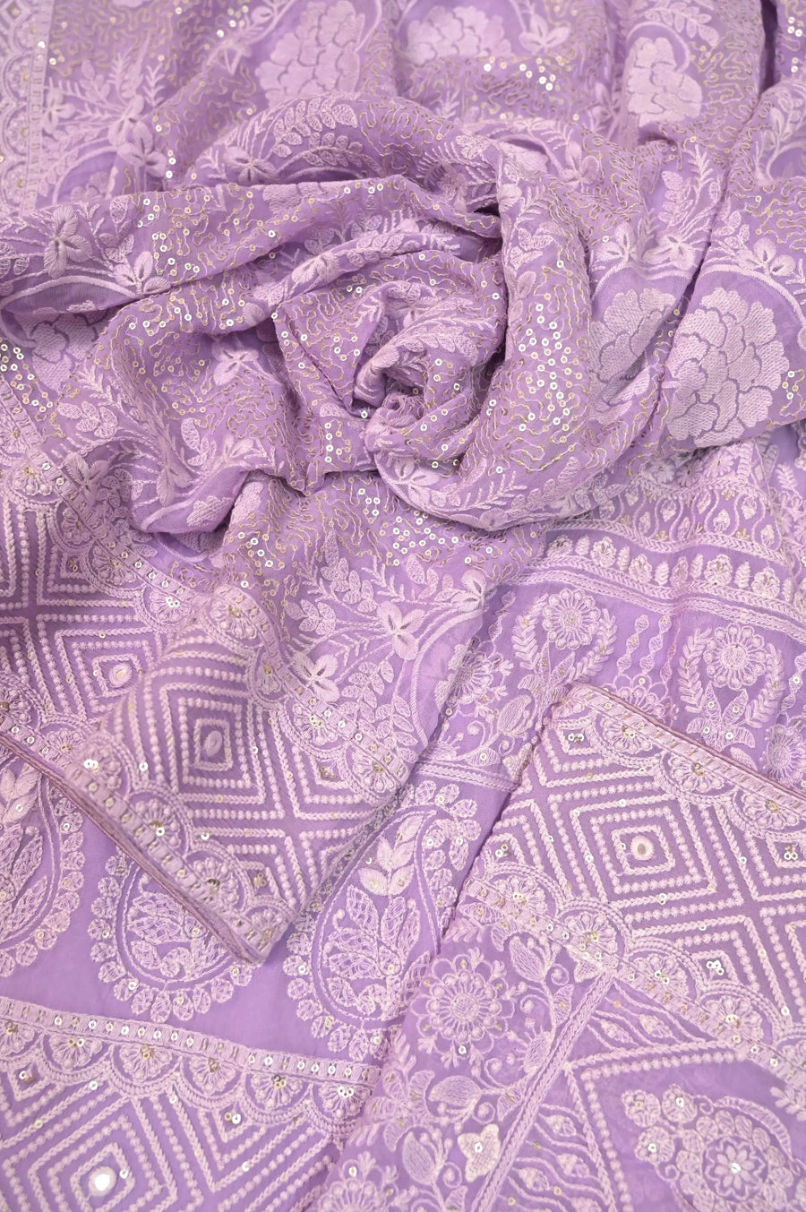 Lavender Color Georgette Saree with Chikankari Work and Sequin Embroidery