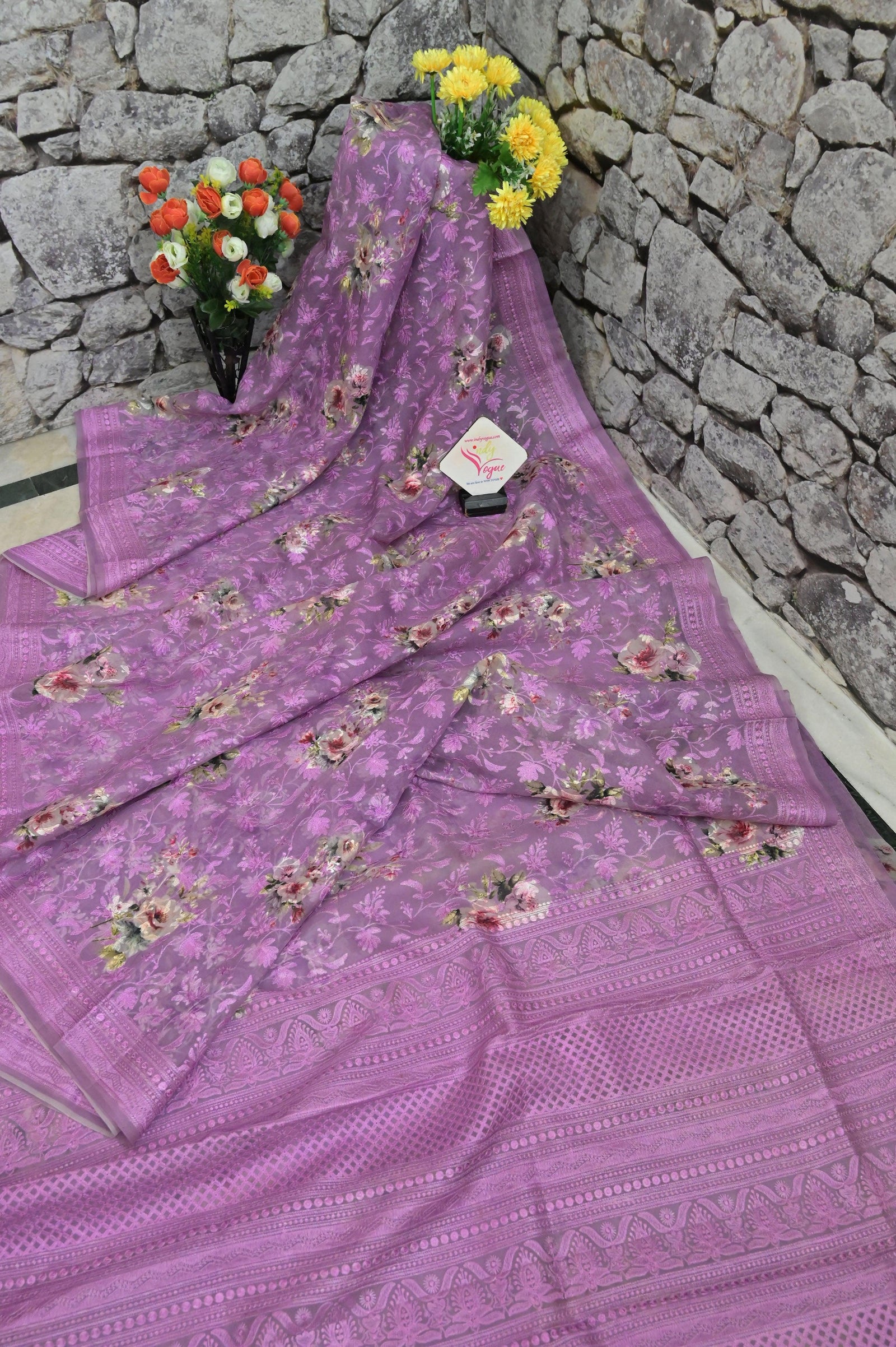 Lavender Color Organza Saree with Digital Print and Chikankari Embroidery Work