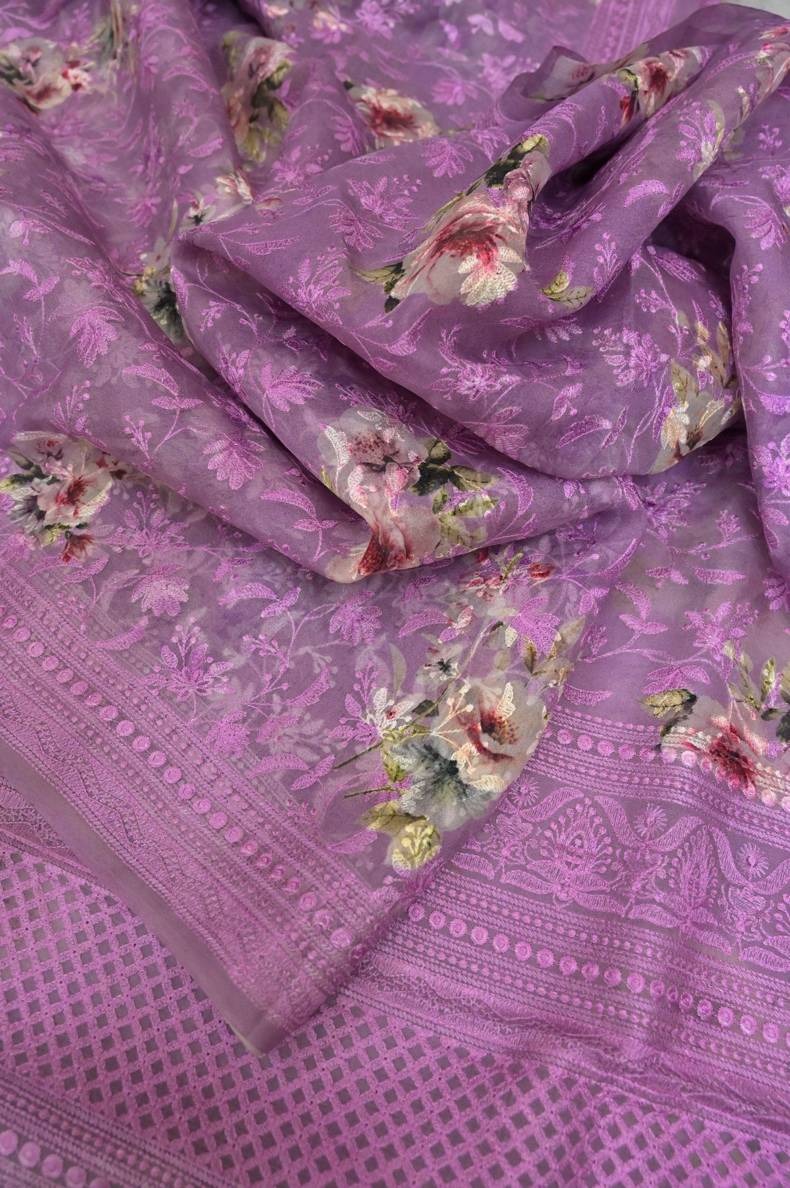Lavender Color Organza Saree with Digital Print and Chikankari Embroidery Work