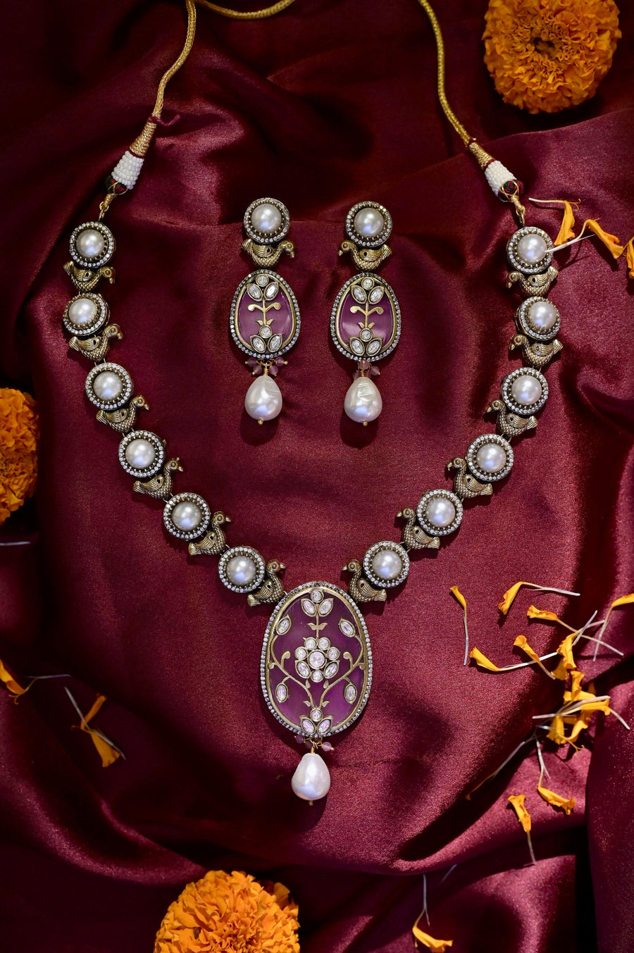 Light Blush Pink Monalisa Stone and Pearl Work Long Collar Necklace Set