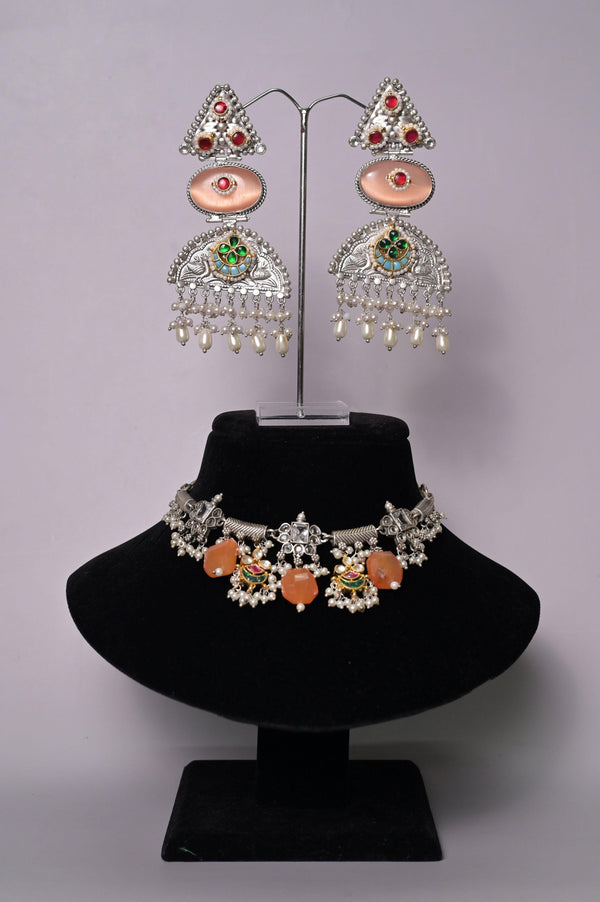 Long Collar Silver Replica Necklace Set with Pachi Kundan & Monalisa Stone Cutwork