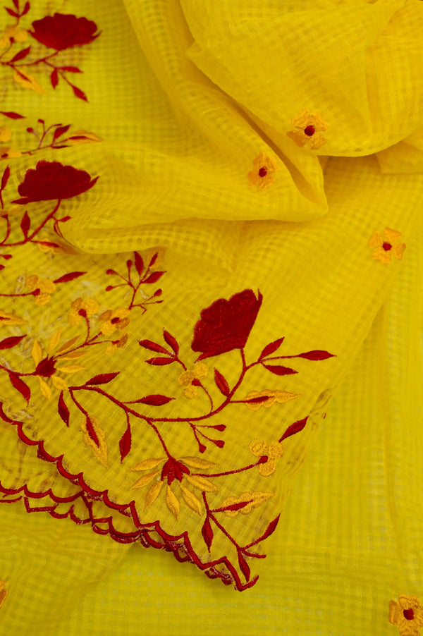 Marigold Yellow Color Resham Checks Saree with Embroidery Work and Scallop Border