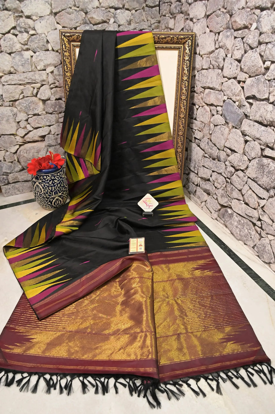 Pure Kanjeevaram Silk Saree in Black Color with Multicolor Temple Design and Butta Work with Korvai Border