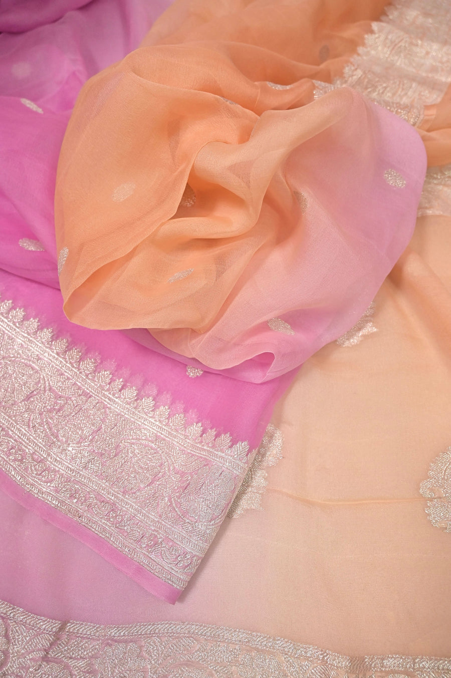Pure Khadi Chiffon Saree in Peach  and Pink Ombre Color with Silver Zari Work Allover