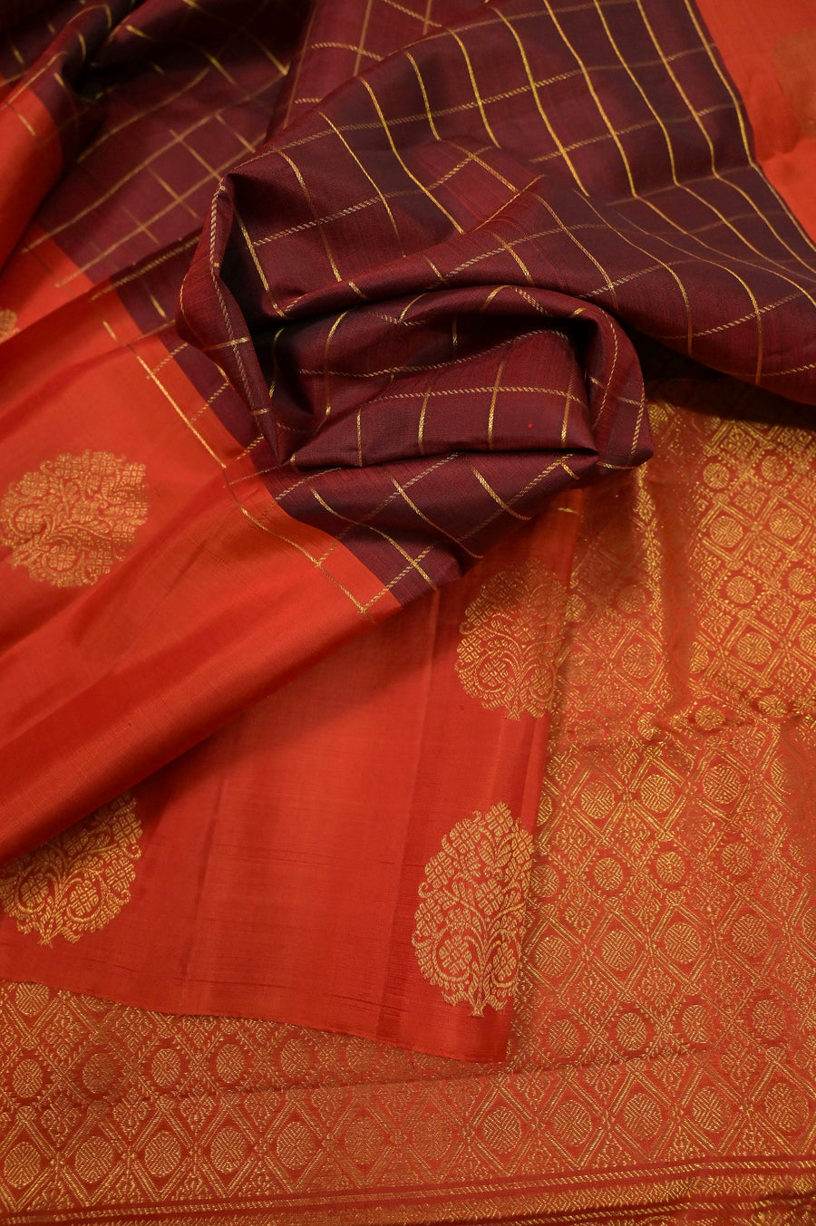 Pure Korvai Kanjeevaram Silk Saree in Brown and Orange Color with Allover Zari Checks and Butta Work