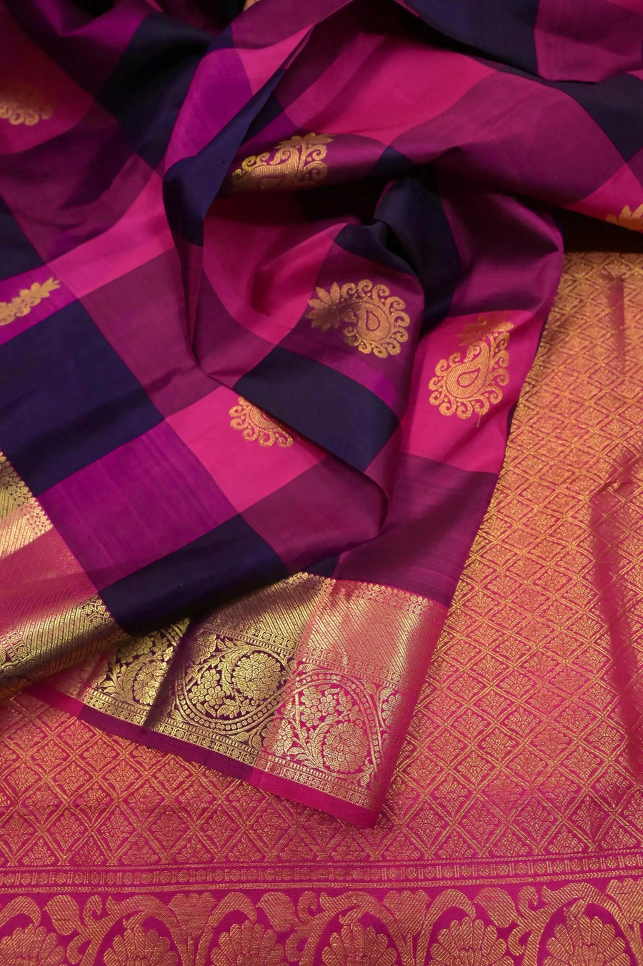 Pure Korvai Kanjeevaram Silk Saree in Magenta and Navy Blue Checks with Big Zari Butta and Zari Pallu and Border