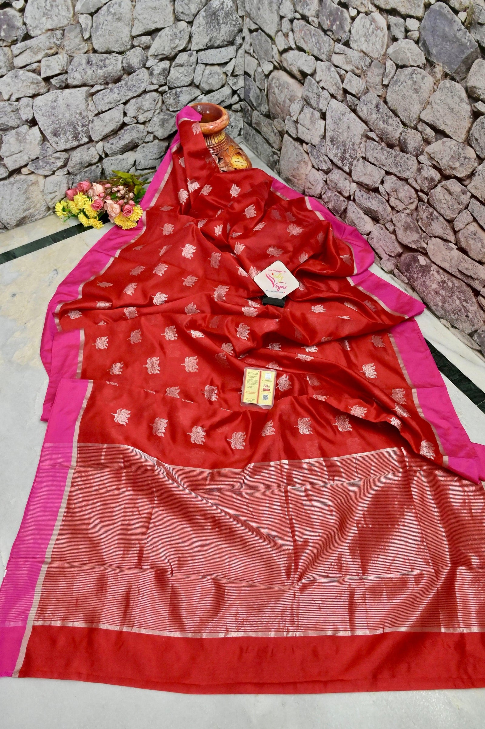 Pure Red Color Chanderi Banarasi Saree with Silver Lotus Butta Work
