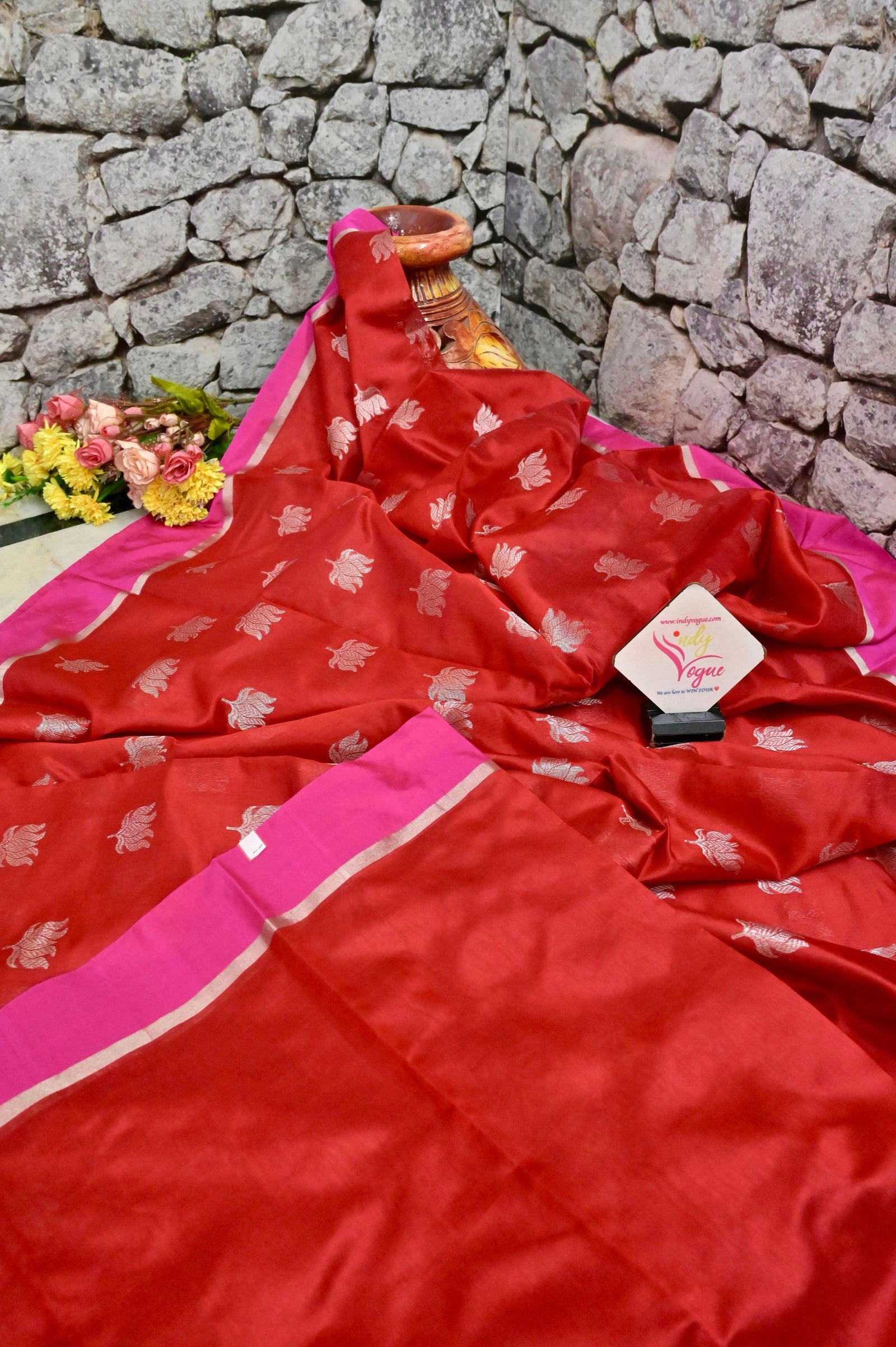 Pure Red Color Chanderi Banarasi Saree with Silver Lotus Butta Work