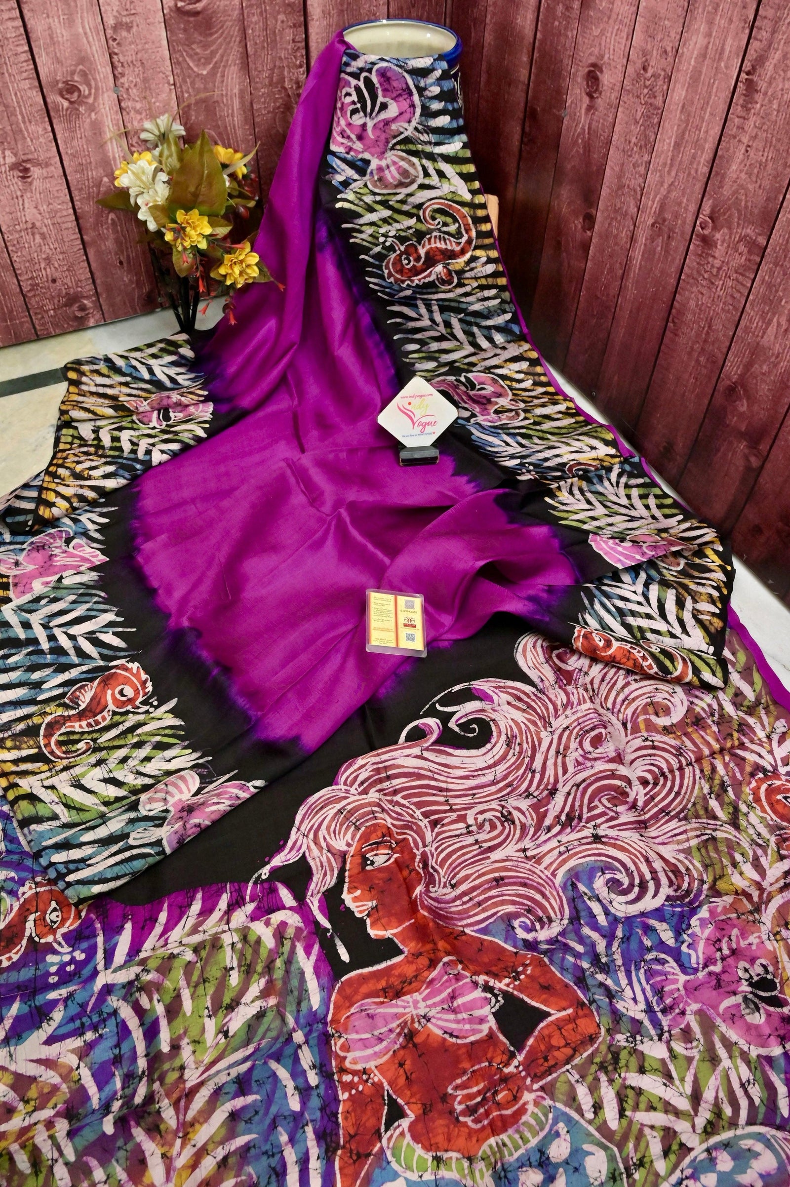 Purple and Black Color Pure Bishnupuri Silk with Hand Batik Work
