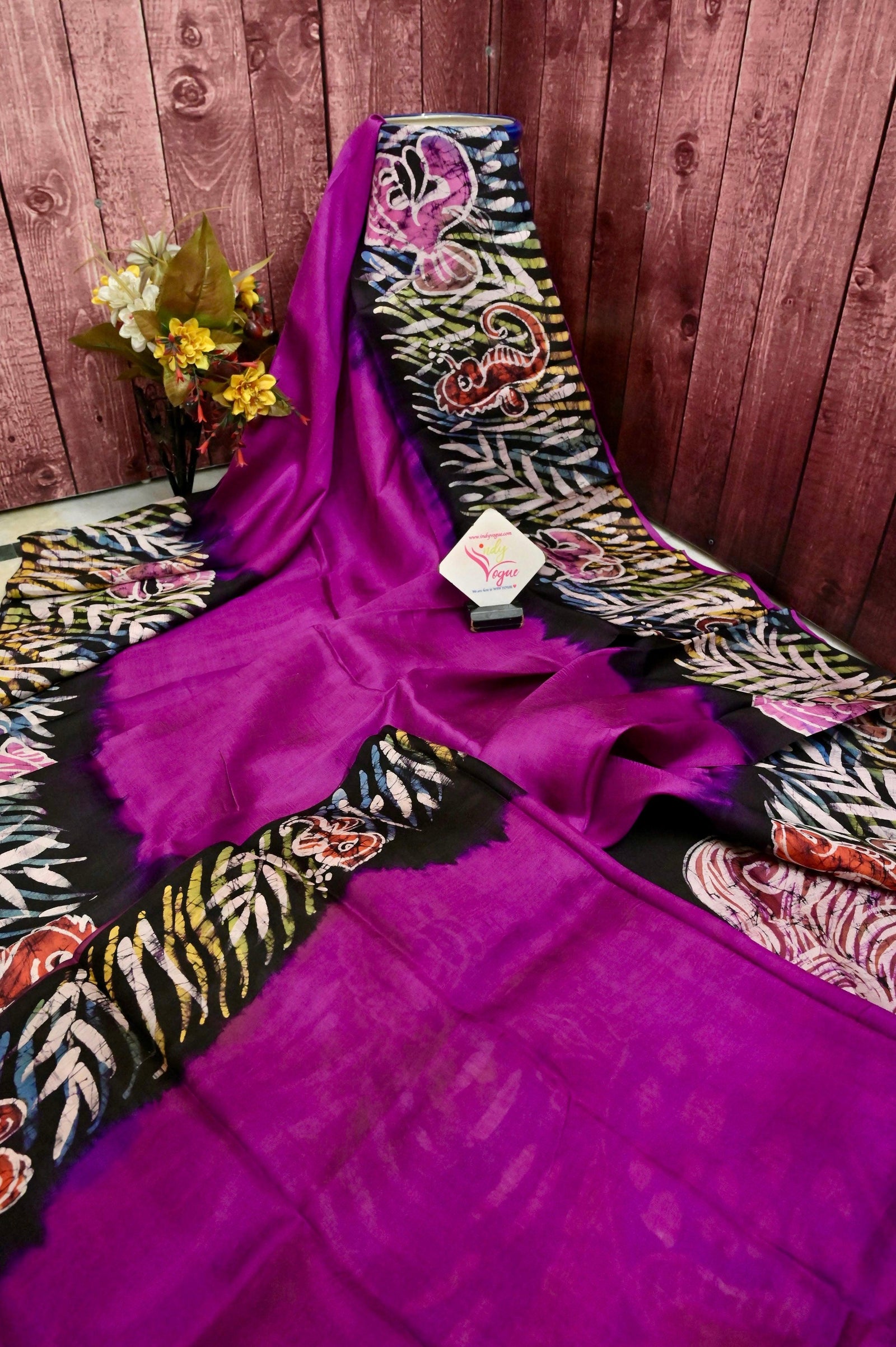 Purple and Black Color Pure Bishnupuri Silk with Hand Batik Work