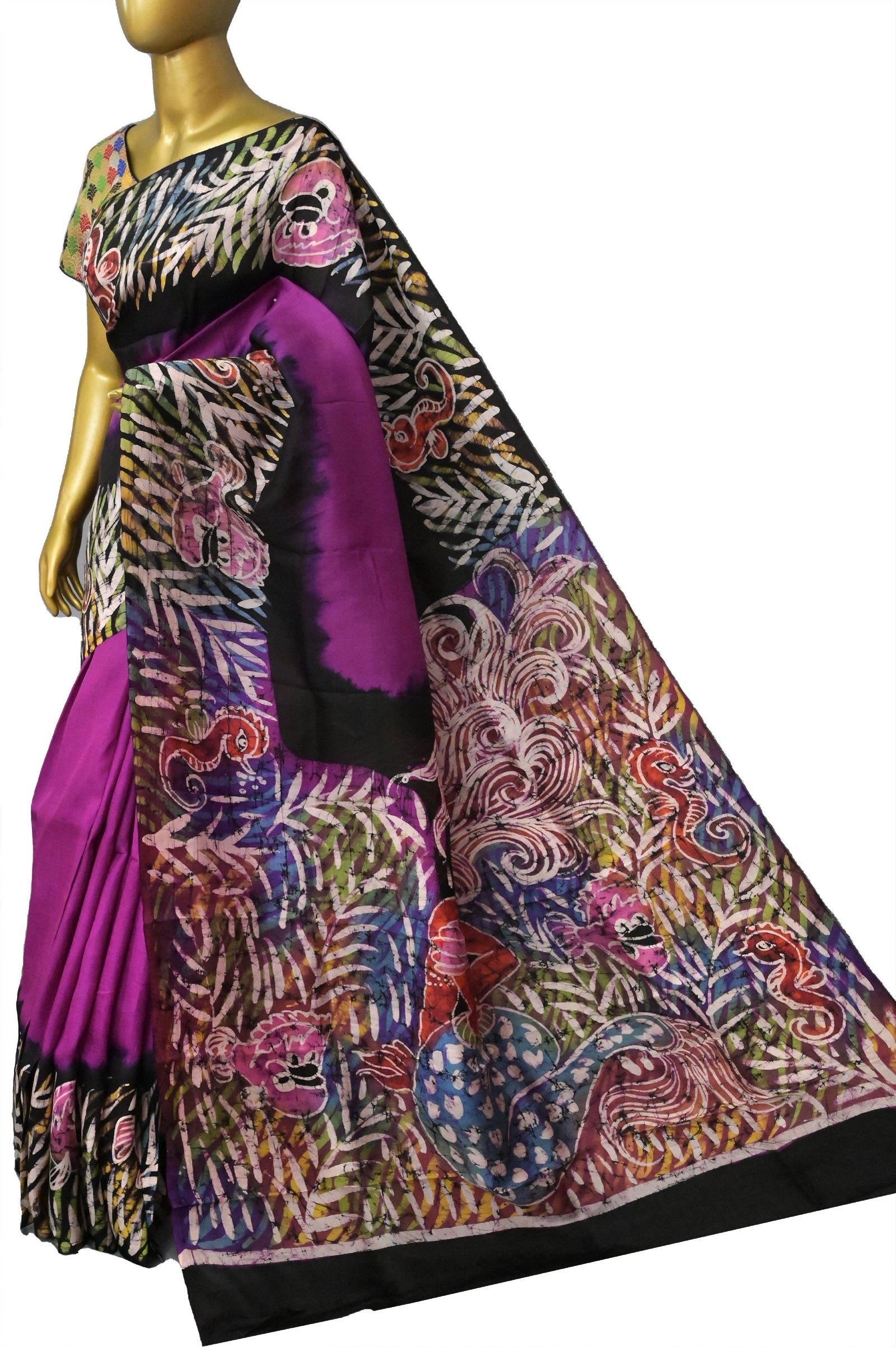 Purple and Black Color Pure Bishnupuri Silk with Hand Batik Work