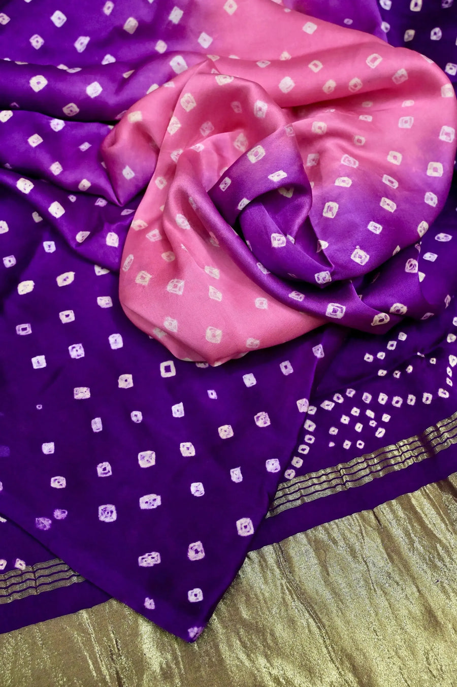 Purple and Pink Color Modal Silk Saree with hand Bandhani and Tie-Dye Work