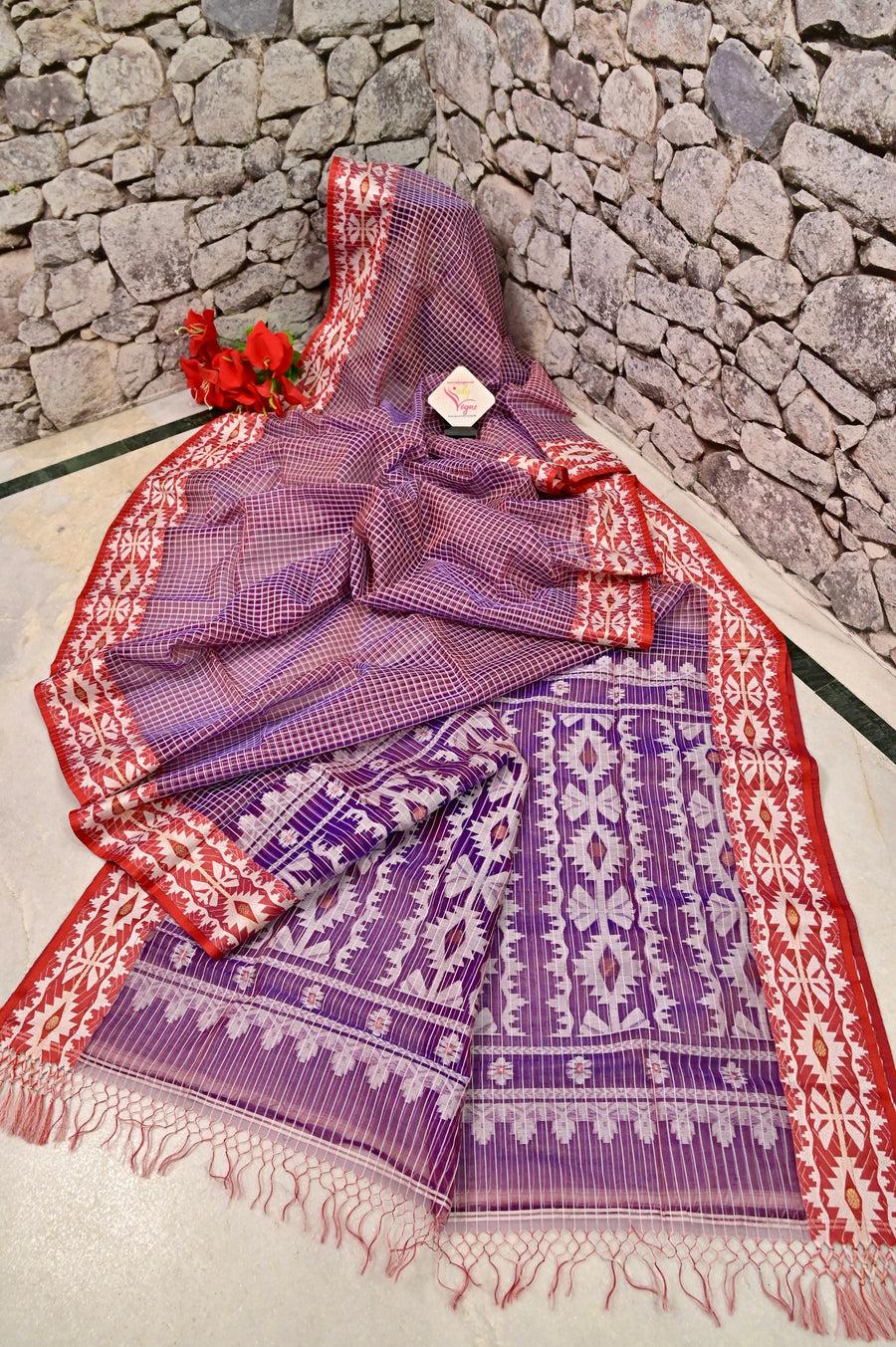 Purple and Red Dual Tone Muslin Handloom Saree with Gamcha Check Design