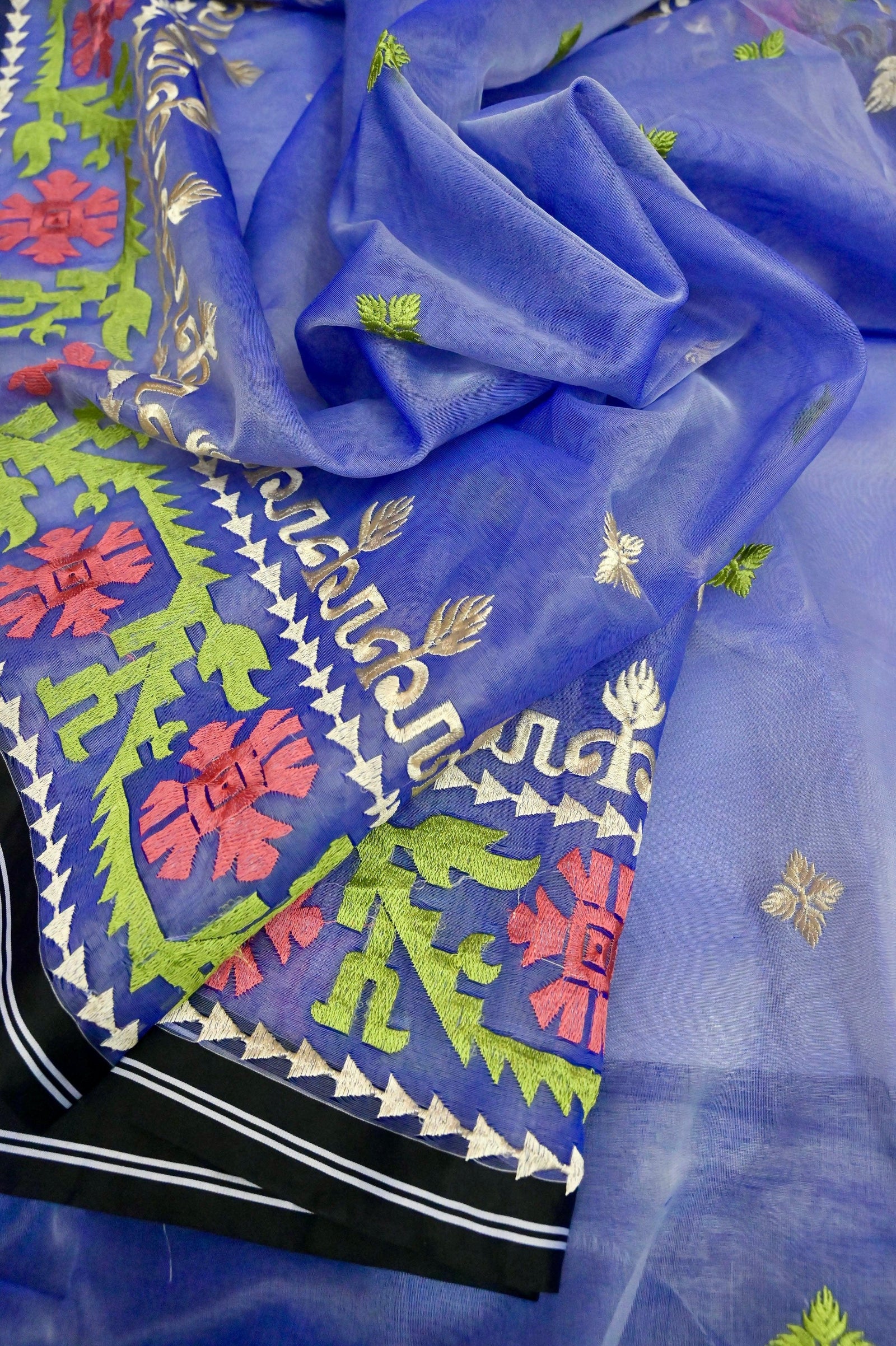 Purple Blue Color Muslin Jamdani with Embroidery