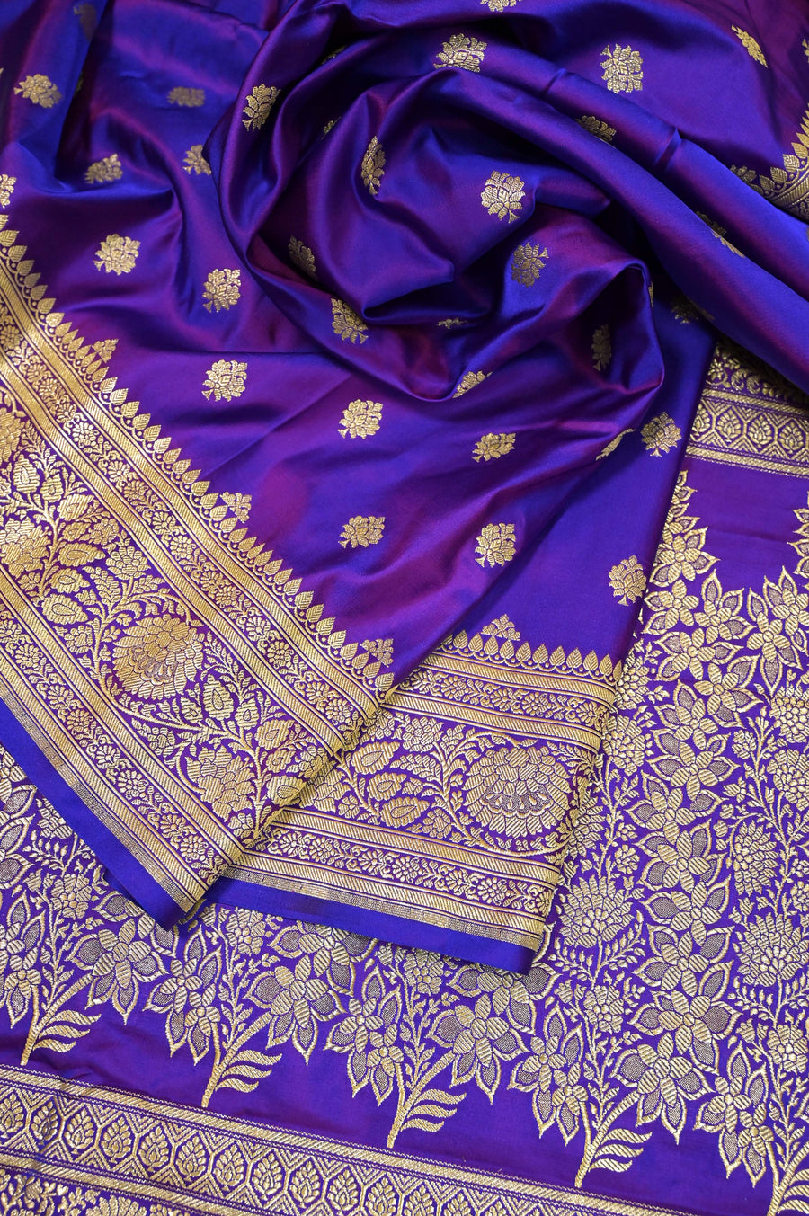 Purplish Blue Color Pure Mashru Silk Saree with Golden Zari Work