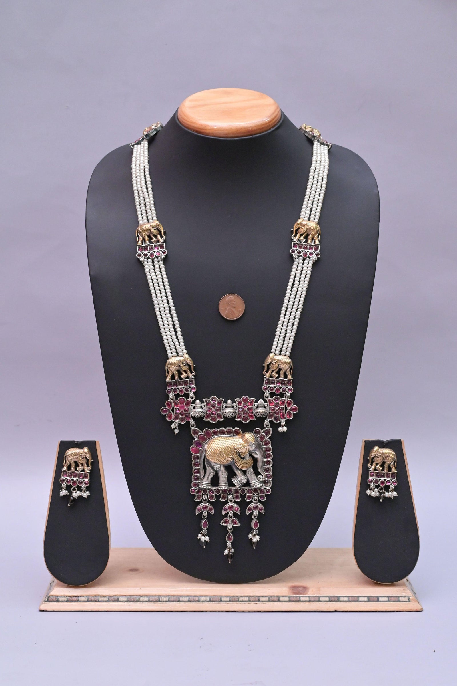 Rajasthani Style Silver and Golden Sitahar Style Long Necklace Set with Monalisa Stonework