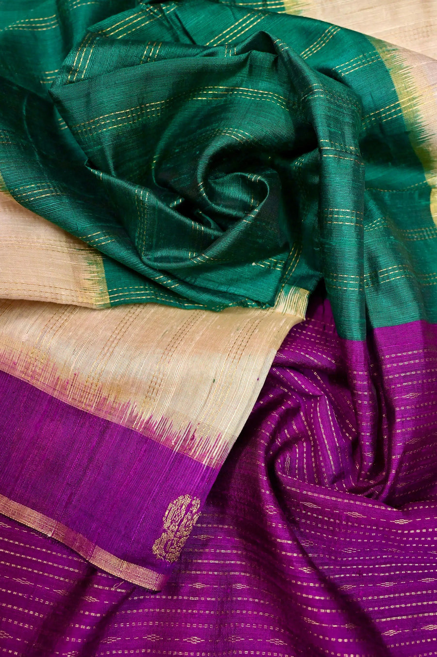 Rama Green and Purple Color Pure Dupion Silk Saree with Zari Stripes Work