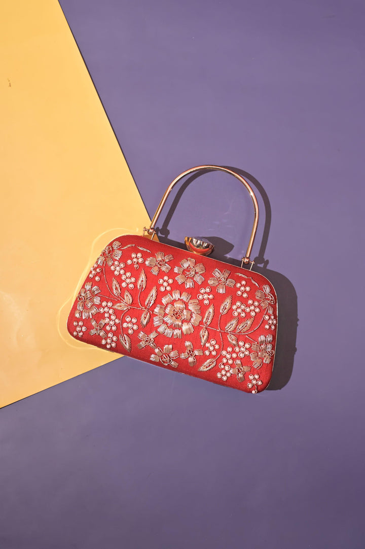 Red Color Designer Clutch with Zari Embroidery and Metal Handle