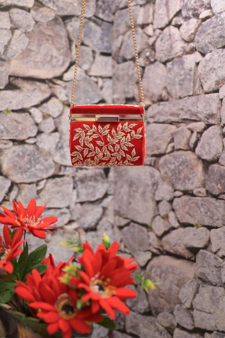 Red Color Velvet Box Clutch Bag with Hand Zardosi Work