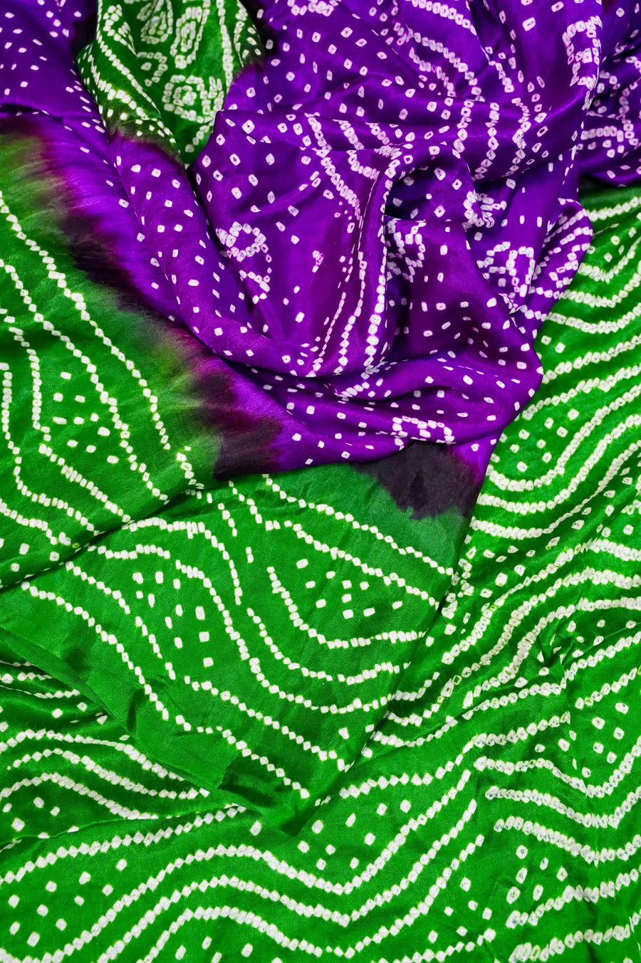 Rich Purple & Green Pure Ghazi Silk Rai Bandhej Saree in Traditional Chandra Design