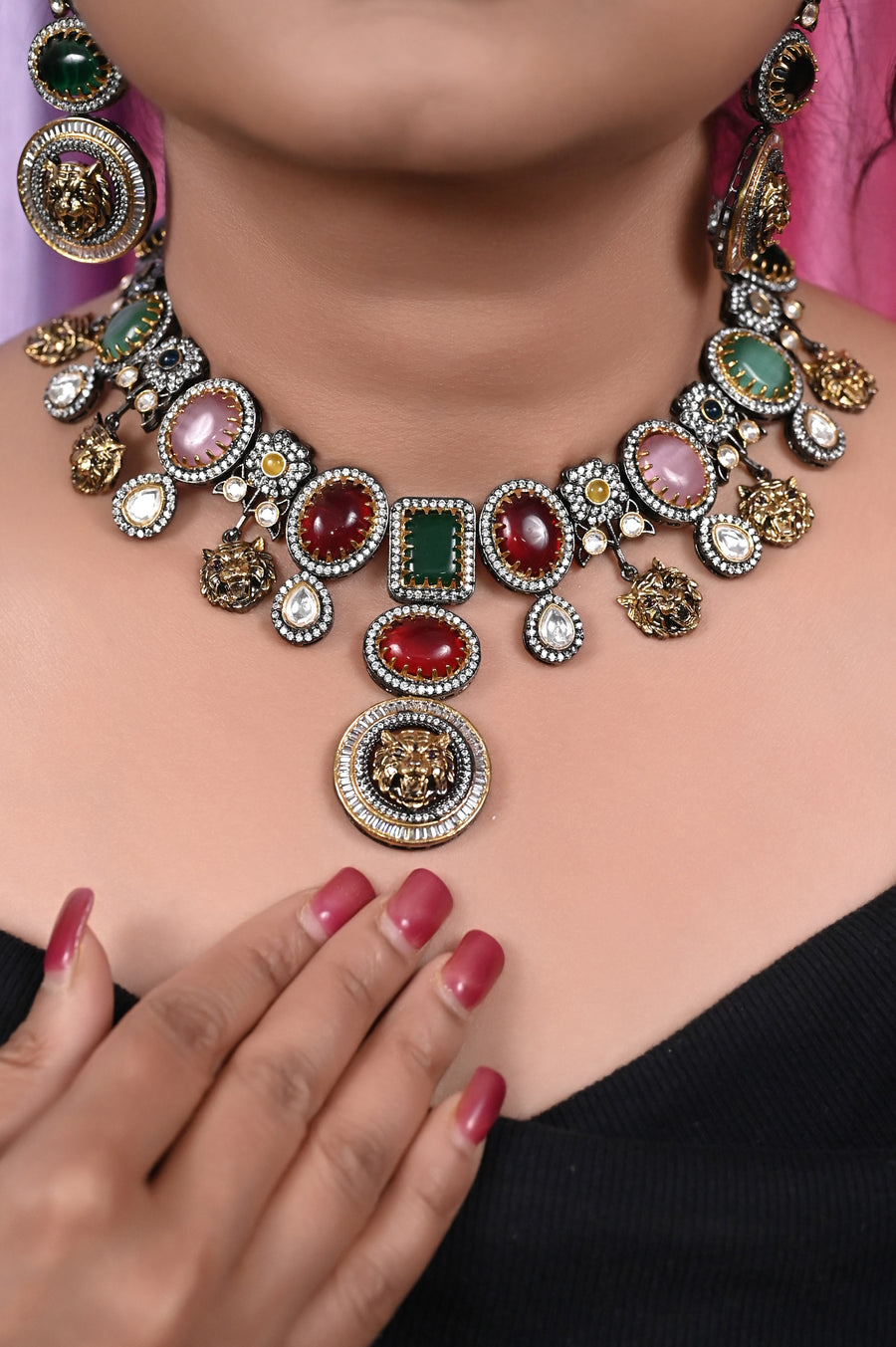 Sabyasachi Inspired Multicolored Monalisa Stone Studded Collar Necklace Set