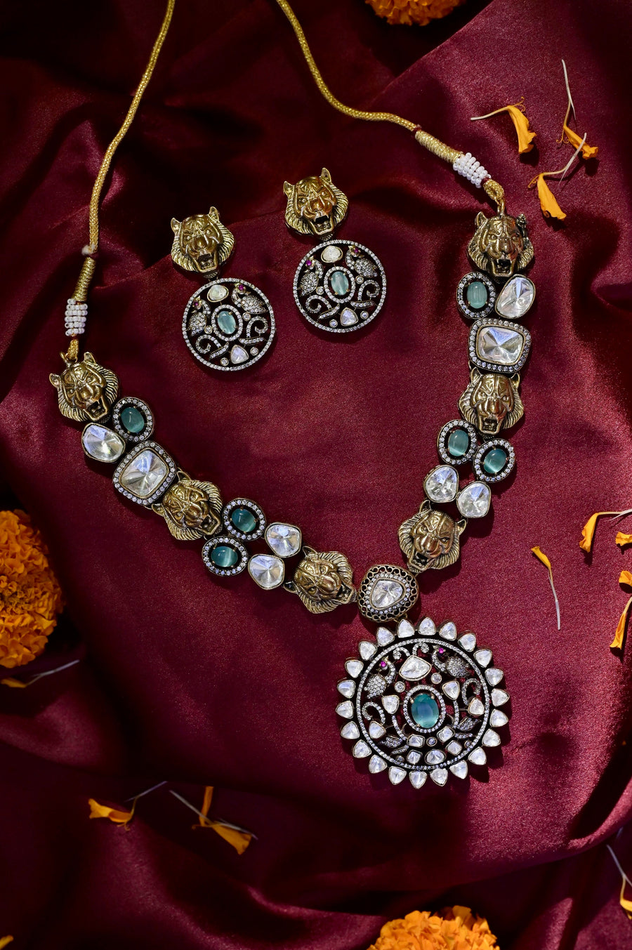 Sabyasachi Inspired Princess Style Collar Necklace Set with Monalisa Stone and Polki Work