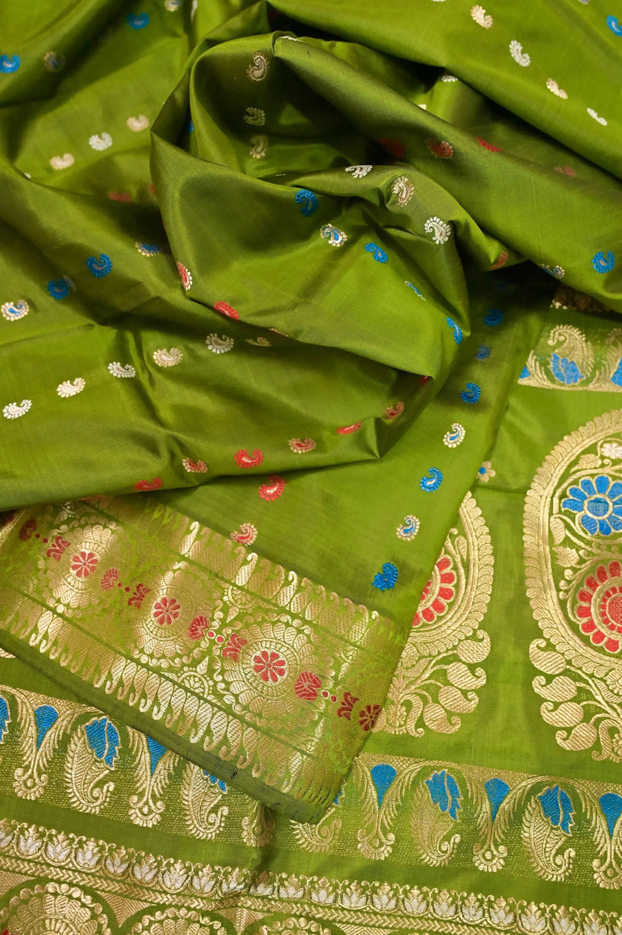 Sap Green Color Revival Baluchari Silk Saree with Meenakari Butta Work